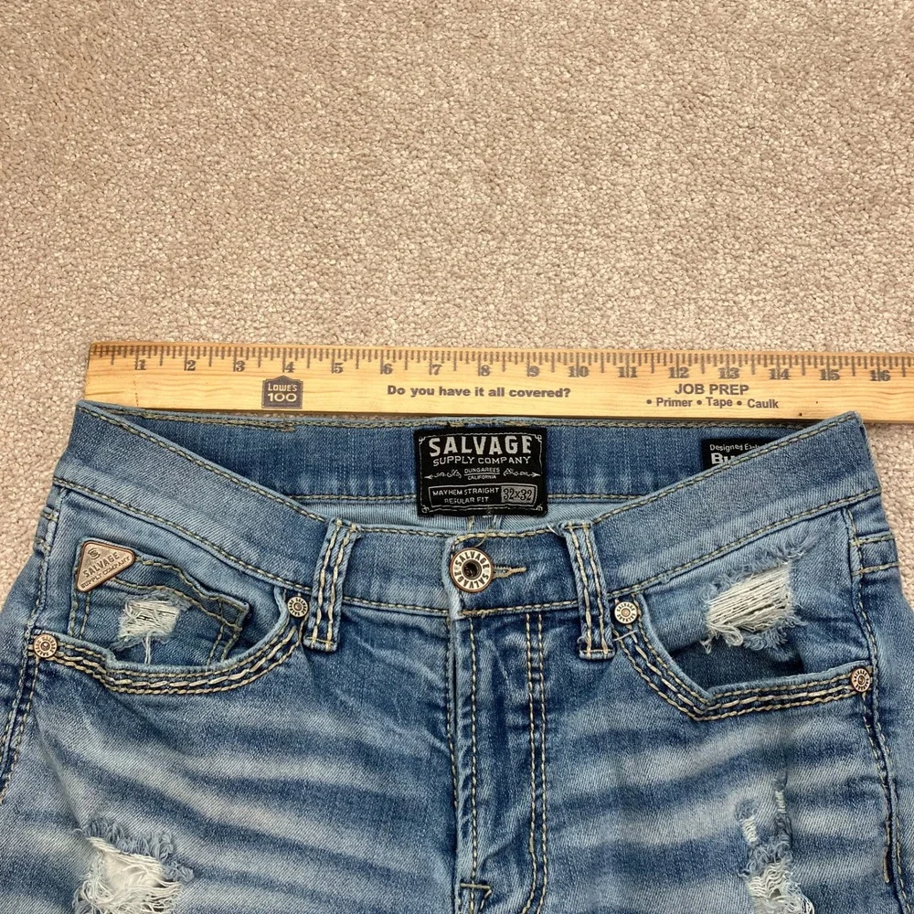 Salvage Men 32x32 (32x31) Mayhem Straight Jeans Blue Distressed Buckle Exclusive
